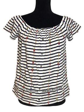 Lucky Brand Striped Embroidered Floral Top in Navy/White - Sz M